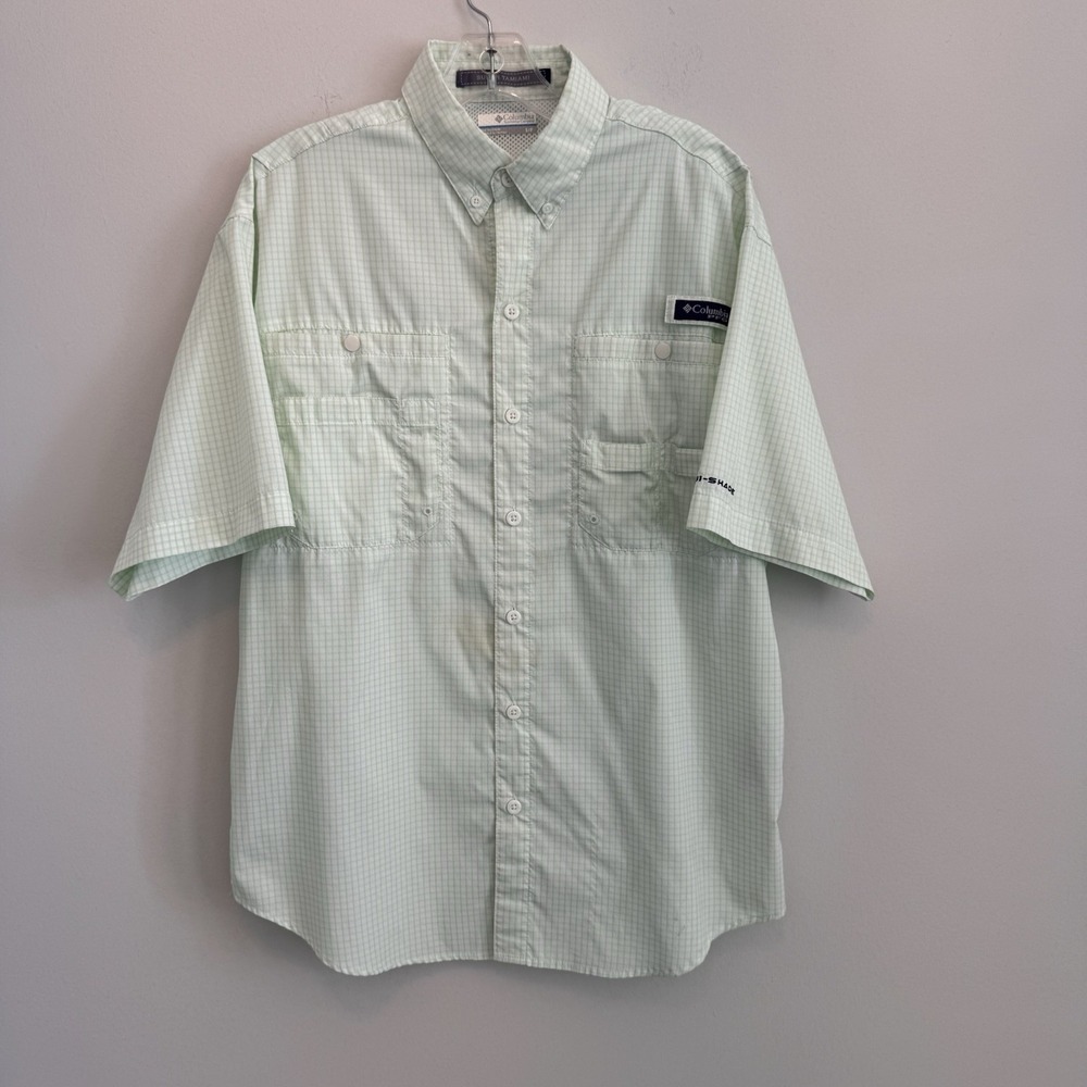 Columbia PFG Super Tamiami Shirt Mens Small S Mint Green Plaid Fishing S/S